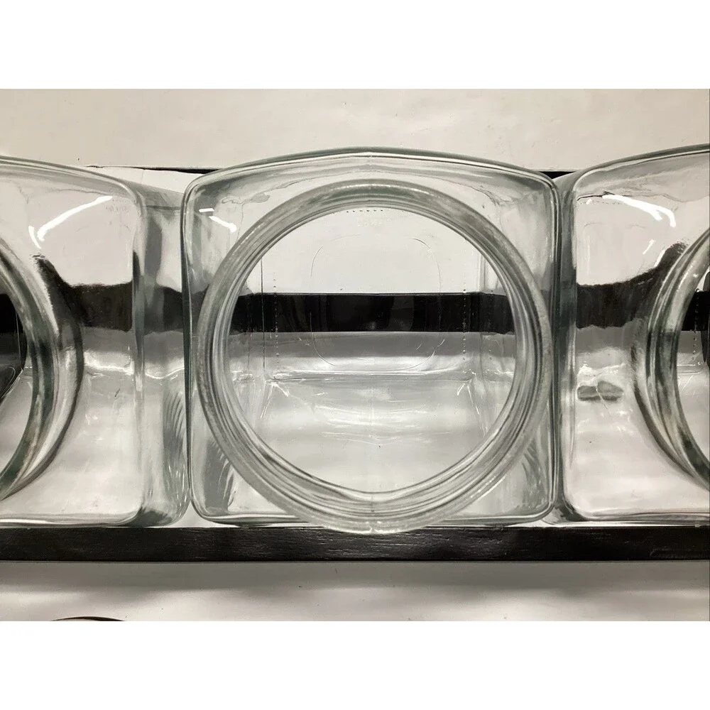 vintage glass storage slanted jars w/black lids set of 3 w/rack 8-3/4”H
